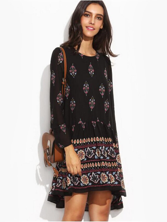  Women's Daily Holiday Going out Vintage Sexy Boho Loose Sheath Dress,Print Round Neck Asymmetrical Long Sleeves Polyester Spring Fall