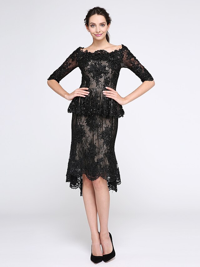  Sheath / Column Little Black Dress Dress Cocktail Party Knee Length Half Sleeve Boat Neck Beaded Lace with Beading Appliques