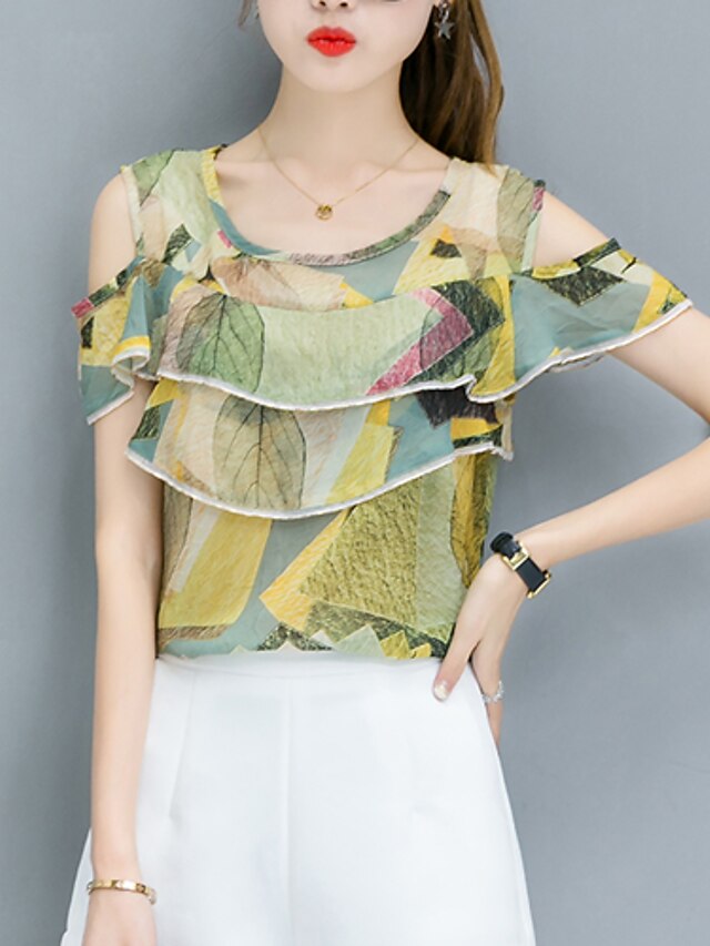  Women's Daily Going out Cute Casual Summer Fall Blouse,Botanical Print Round Neck Short Sleeves Polyester Chiffon Medium
