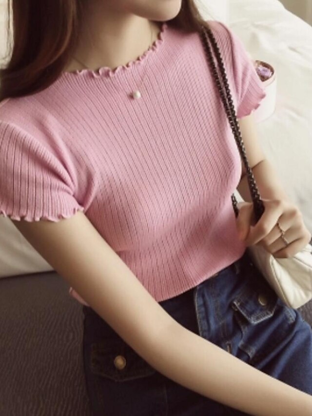  Women's Daily Solid Colored Short Sleeve Regular Pullover, Round Neck Summer Cotton Orange / Pink One-Size