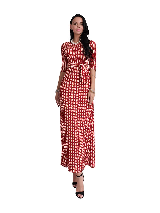  Women's Daily Holiday Going out Club Vintage Sexy Boho Bodycon Sheath Dress,Plaid Round Neck Maxi Half Sleeves Cotton Summer High Rise