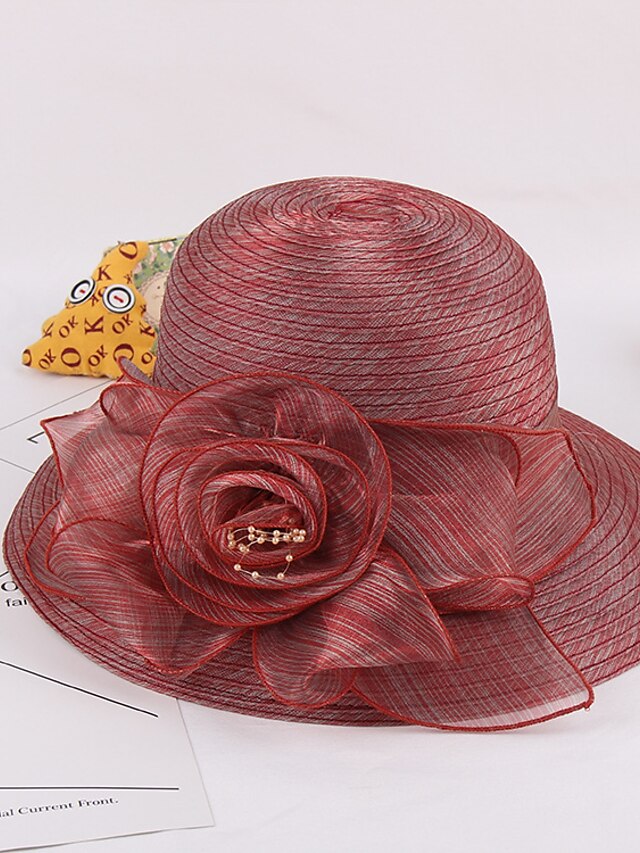 Női Széles karimájú kalap Bájos Organza Virág - Kollázs Vegyes szín Tavasz & Ősz Nyár Rubin Arcpír rózsaszín Fukszia