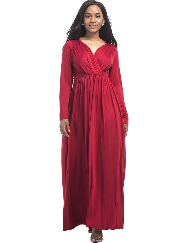  Women's Plus Size Street chic Loose Swing Dress - Solid Colored Maxi V Neck