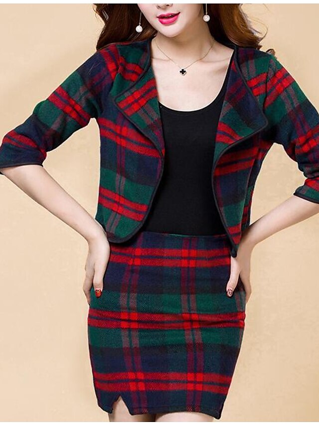  Women's Daily Modern Contemporary Short Blazer - Plaid / Check, Print Skirt Shirt Collar / Spring