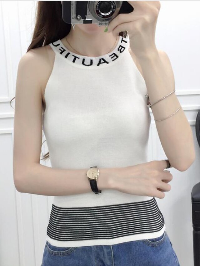  Women's Casual / Daily Simple Solid Colored Sleeveless Short Cardigan, Round Neck Summer Cotton White / Black