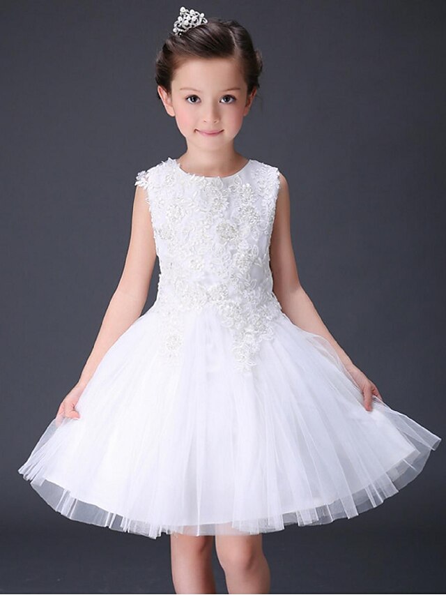  Ball Gown Short / Mini Flower Girl Dress - Organza Sleeveless Jewel Neck with Beading / Appliques / Ruched by