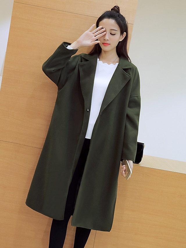  Women's Daily Simple / Casual Fall Plus Size Maxi Coat, Solid Colored Notch Lapel Long Sleeve Cotton Oversized Army Green / Butterfly Sleeves