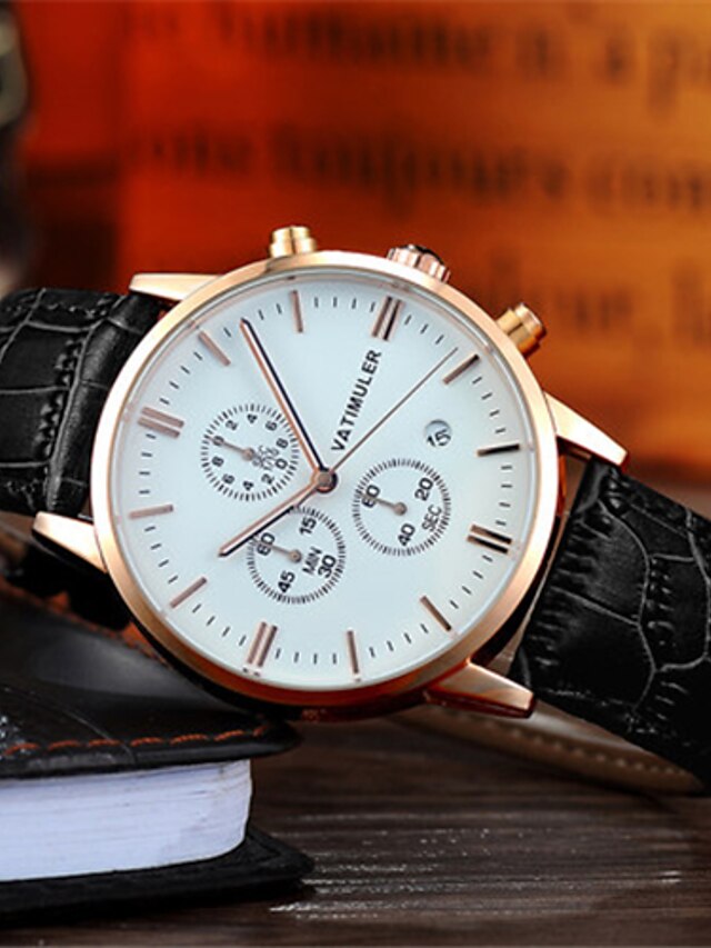  Men's Fashion Watch Japanese Quartz Calendar Chronograph Noctilucent Leather Band Black Brown