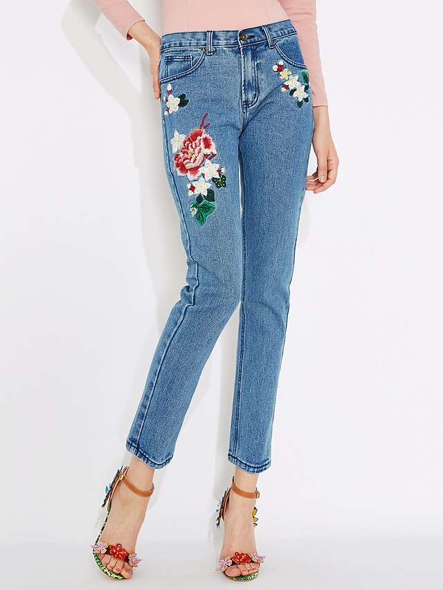  Women's Mid Rise Micro-elastic Jeans Pants,Street chic Vintage Slim Straight Print
