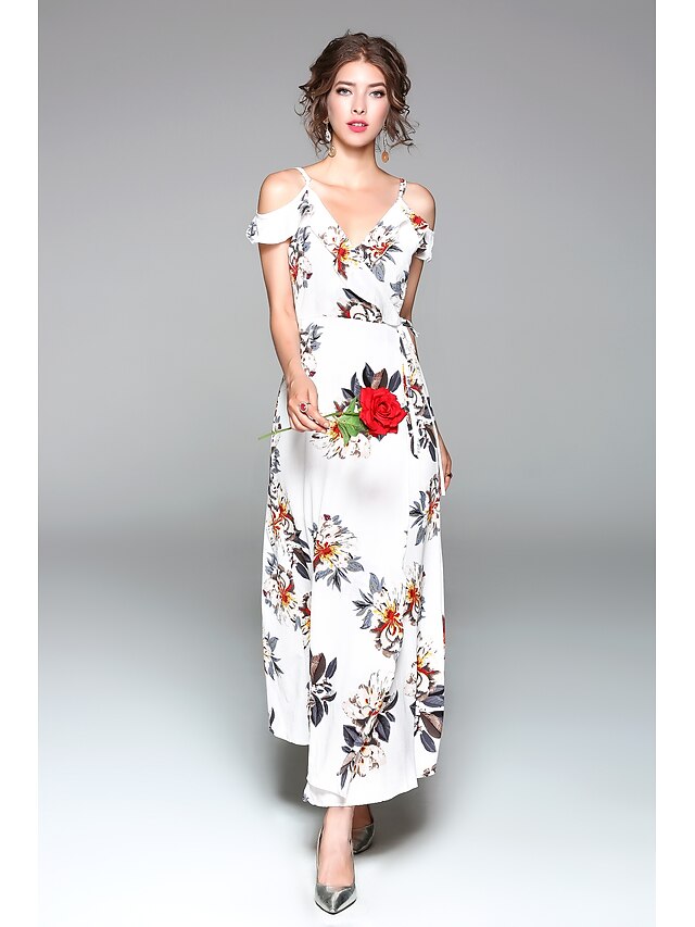  Women's Chiffon Dress Swing Dress Maxi long Dress White Short Sleeve Floral Split Spring Summer V Neck Floral S M L XL