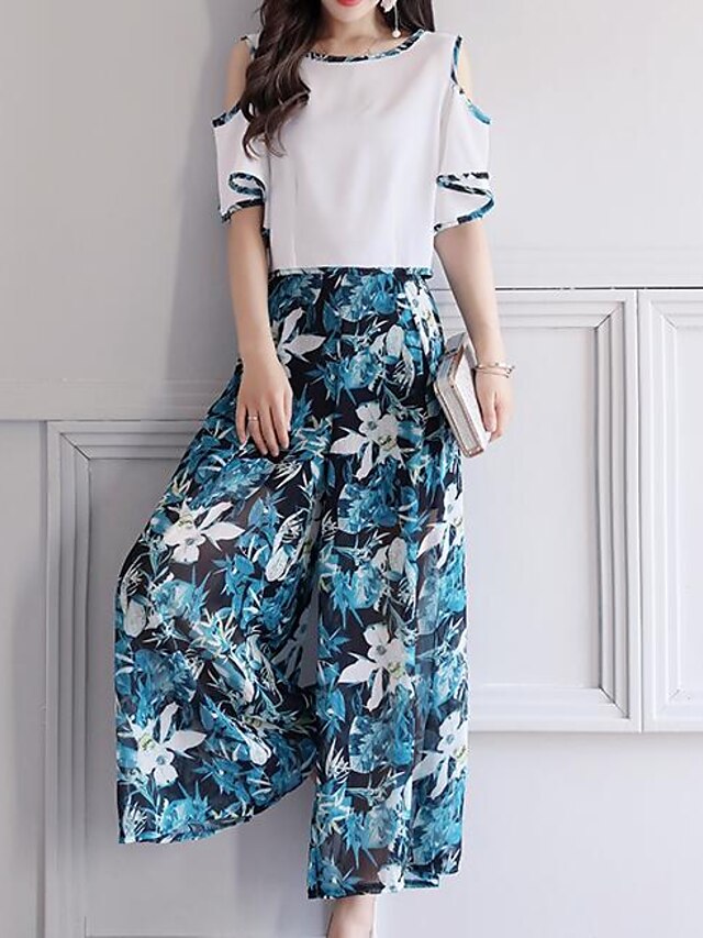  Women's Daily Modern/Contemporary Spring T-shirt Pant Suits,Floral Print Bateau Half Sleeve Chiffon