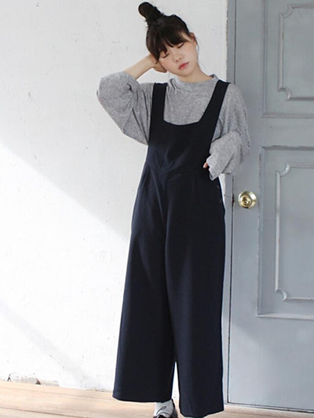  Women's Simple Wide Leg / Overalls Pants - Solid Colored High Waist Black