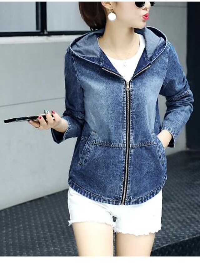  Women's Daily Modern Contemporary Spring Plus Size Short Denim Jacket, Solid Color Hooded Long Sleeve Cotton / Others Print Blue