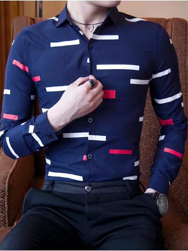  Men's Cotton Shirt - Geometric Classic Collar / Long Sleeve / Spring / Fall