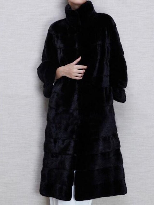  Women's Stand Collar Winter Fur Coat Maxi Solid Colored Casual / Daily Simple Black S M L