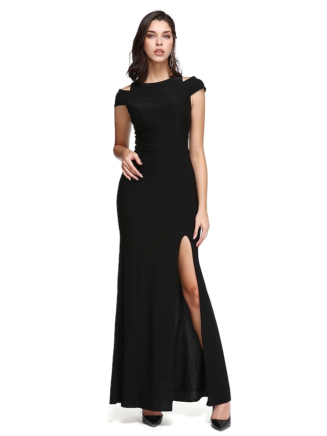  Sheath / Column Little Black Dress Holiday Cocktail Party Prom Dress Off Shoulder Sleeveless Ankle Length Jersey with Split Front 2021
