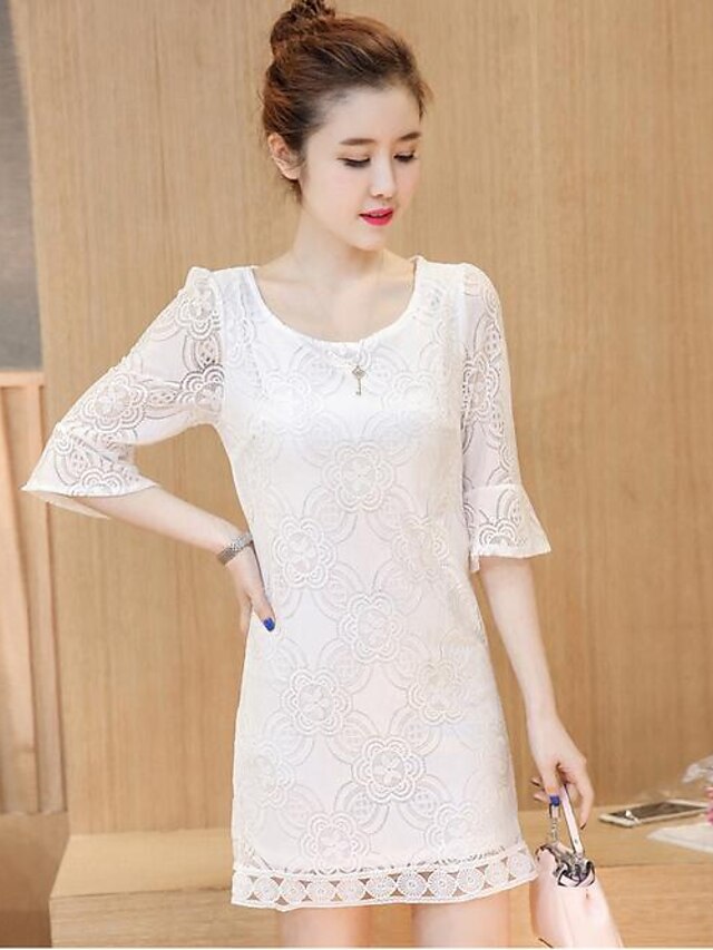  Women's Lace Plus Size Going out Flare Sleeve Sheath Dress - Solid Colored Spring Lace White Black XXL XXXL XXXXL