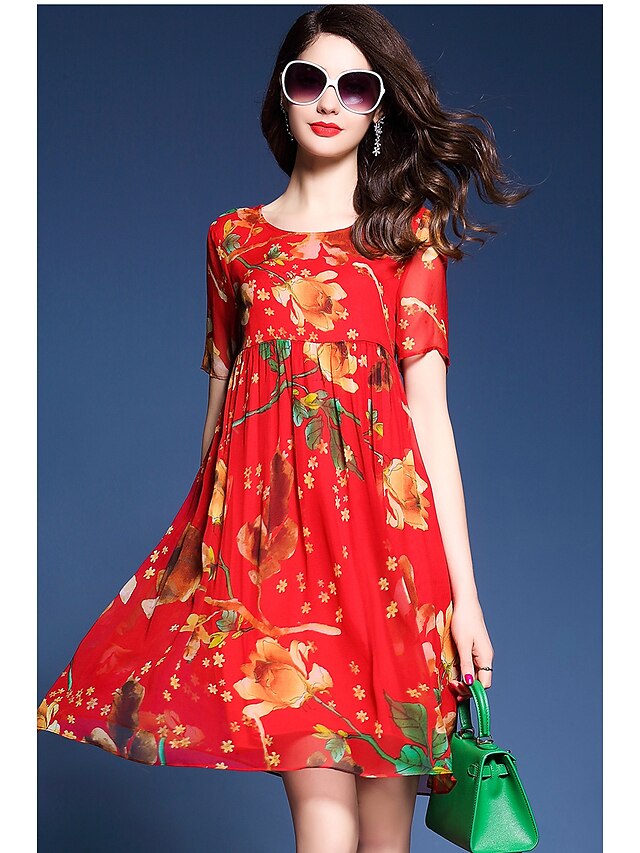  Women's Daily Casual Loose Dress - Floral Modern Style Summer Red L XL XXL