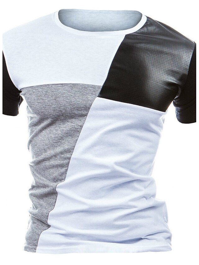  男性用 Tシャツ カラーブロック ラウンドネック ホワイト ブラック グレー 半袖 日常 週末 パッチワーク スリム トップの コットン 活発的 / 夏 / 夏