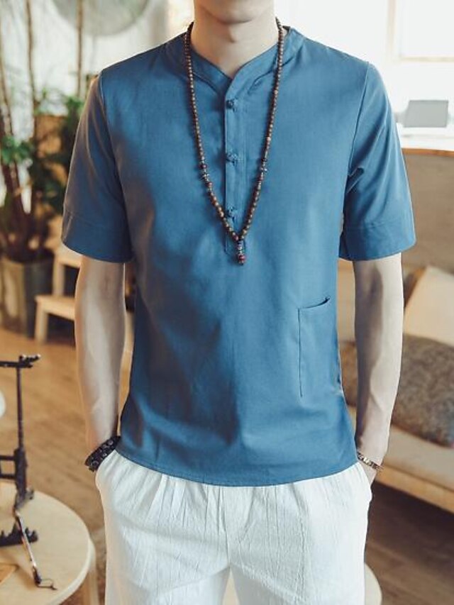  Men's Solid Colored T-shirt Short Sleeve Going out Tops Linen Simple Round Neck White Blue Royal Blue / Summer