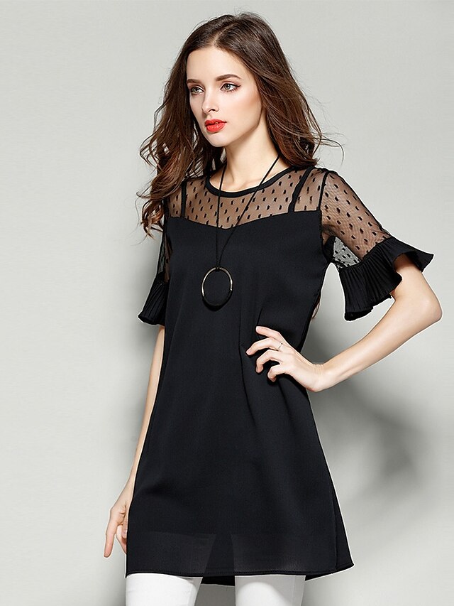  Women's Ruffle Holiday Going out Casual / Daily Simple Flare Sleeve Mini A Line Loose Sheath Dress - Solid Colored Lace Cut Out Mesh Summer Cotton Lace Black Blushing Pink / Beach