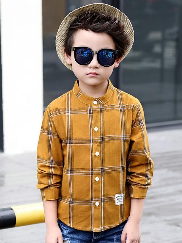  Boys' Check Solid Colored Long Sleeve Cotton Shirt Yellow