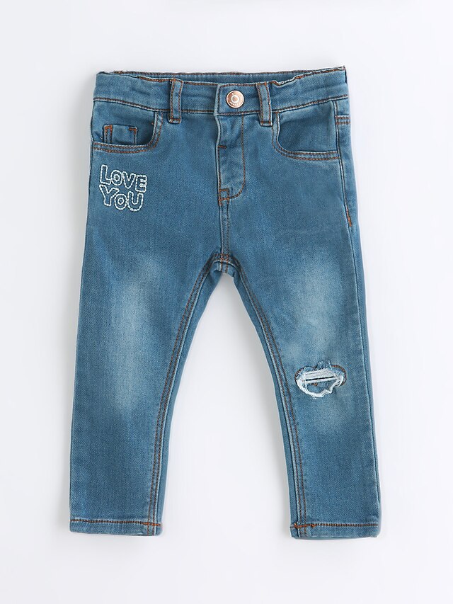  Girls' Solid Colored Cotton Jeans Blue