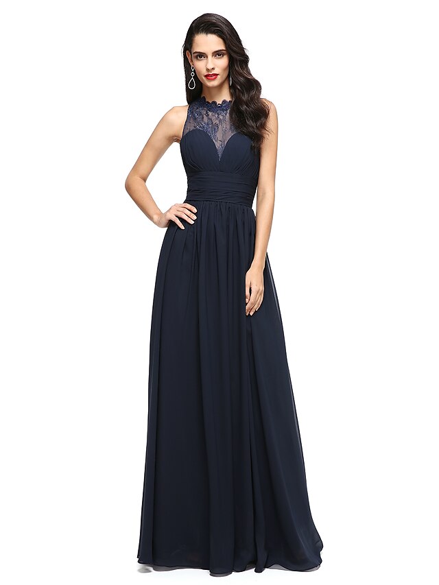  A-Line Illusion Neck Floor Length Chiffon / Lace Prom / Formal Evening Dress with Appliques / Side Draping by TS Couture®