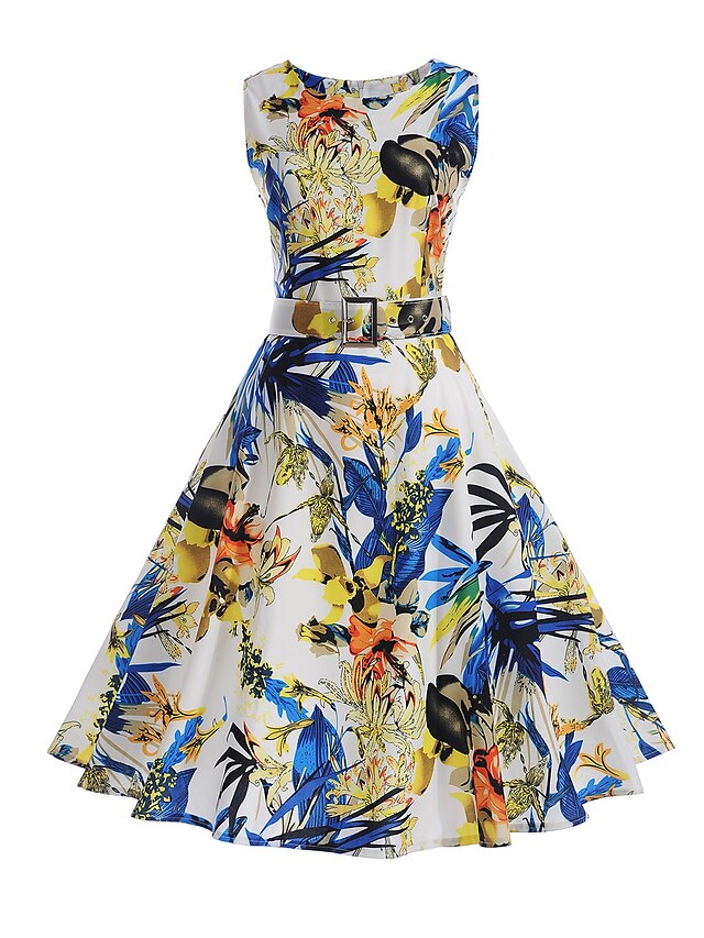  Women's Daily Holiday Work Vintage Sheath Swing Dress - Floral Summer Cotton Blue