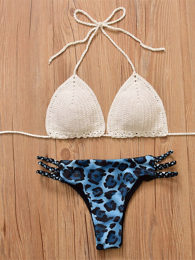  Women's Floral / Crochet Halter Neck Bikini - Leopard