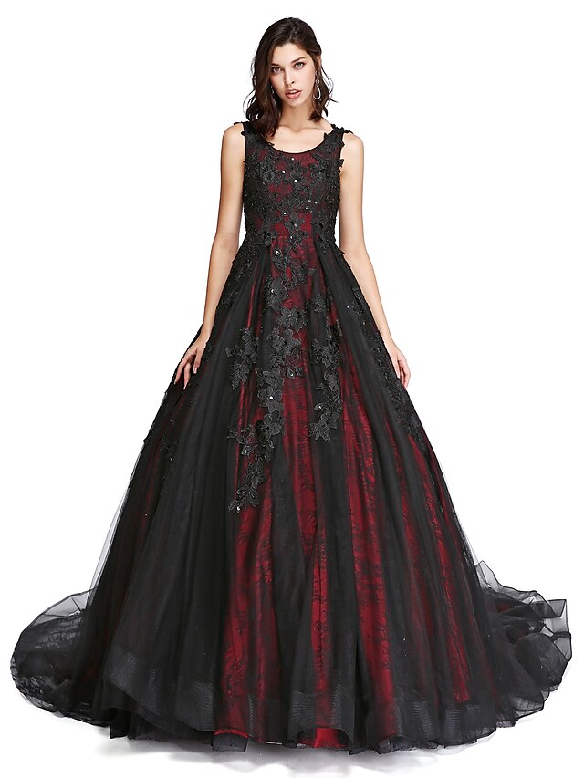  Ballkleid Vintage inspiriert Kleid Formeller Abend Kathedralen Schleppe Ärmellos U-Ausschnitt Spitze mit Spitze Perlen Verzierung Perlenstickerei 2024