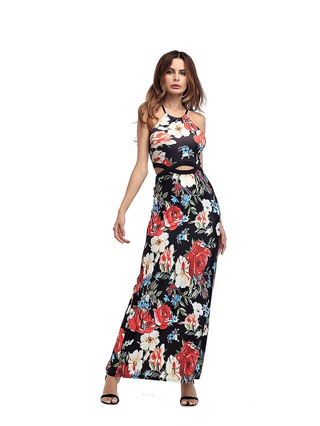  Women's Holiday Going out Club Beach Vintage Sexy Sophisticated Sheath Dress,Floral Strap Maxi Sleeveless Polyester Summer High Rise