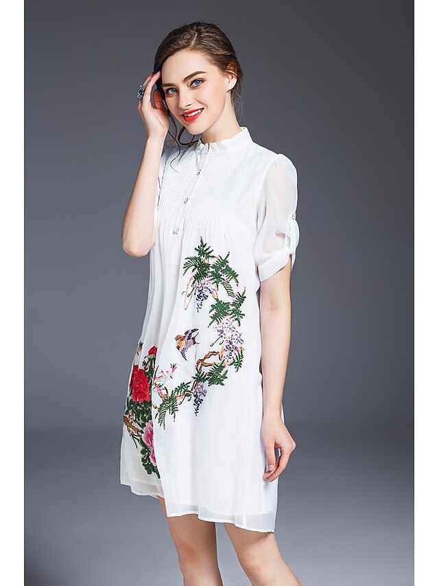  Damen Ausgehen Retro Chinoiserie Lose Kleid - Bestickt, Blume Übers Knie Hemdkragen