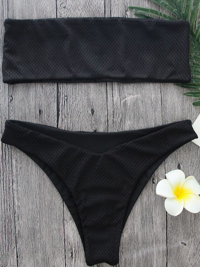  Women's Bandeau Black Bandeau Briefs Bikini Swimwear - Solid Colored S M L