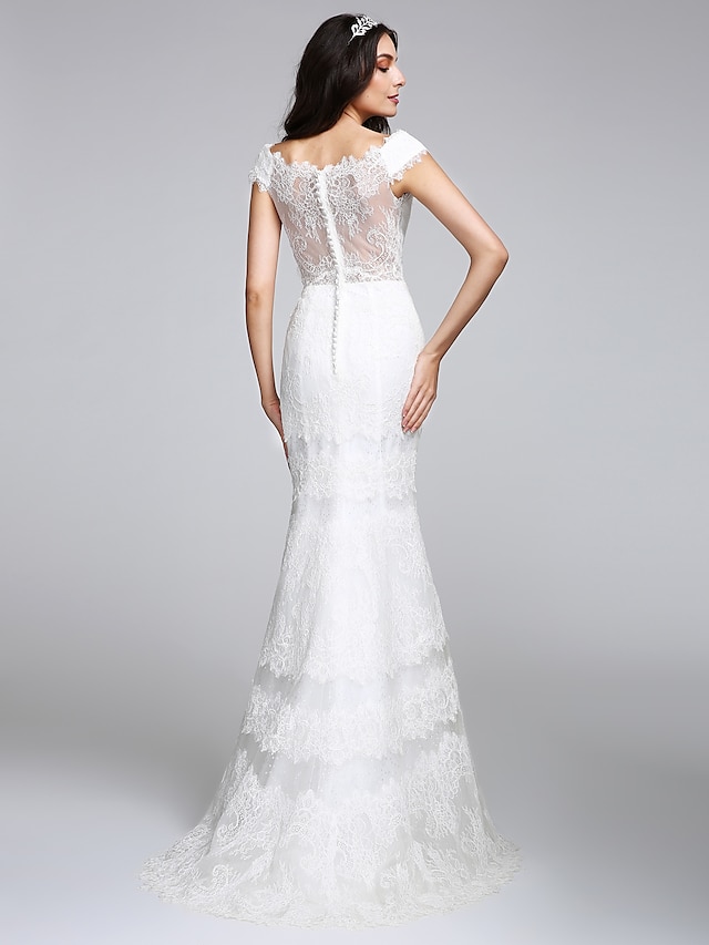  Mermaid / Trumpet Wedding Dresses V Neck Floor Length All Over Lace Cap Sleeve Romantic Sexy Illusion Detail Backless with Lace 2022
