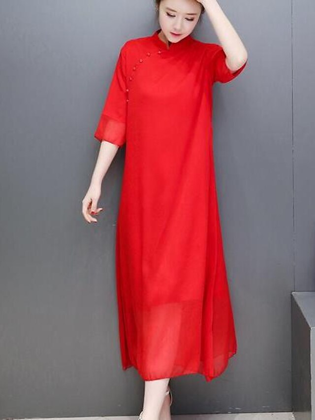  Femme Décontracté Midi Mousseline de Soie Robe Couleur Pleine Eté Rouge L XL XXL Coton Manches 3/4