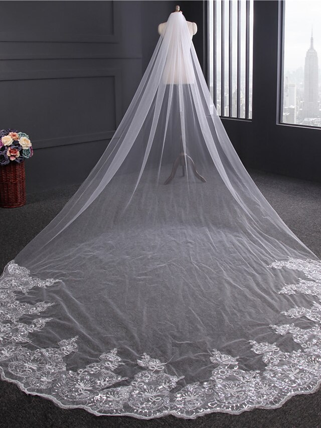  One-tier Lace Applique Edge Wedding Veil Chapel Veils with Ribbon Tie / Sequin / Embroidery Tulle / Classic