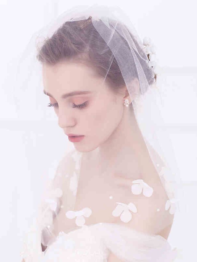  Un nivel Margine Tăiată Voal de Nuntă Voaluri de Obraz Cu Stil motiv floral mărgele împrăștiate Perle Tulle