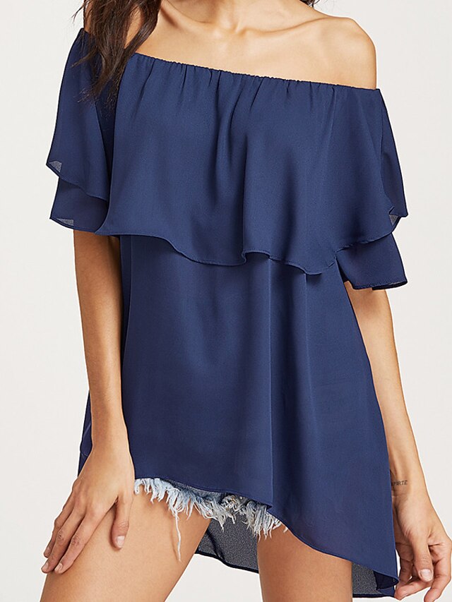  Women's Going out Street chic Petal Sleeves Blouse - Solid Colored Ruffle Boat Neck / Spring / Summer