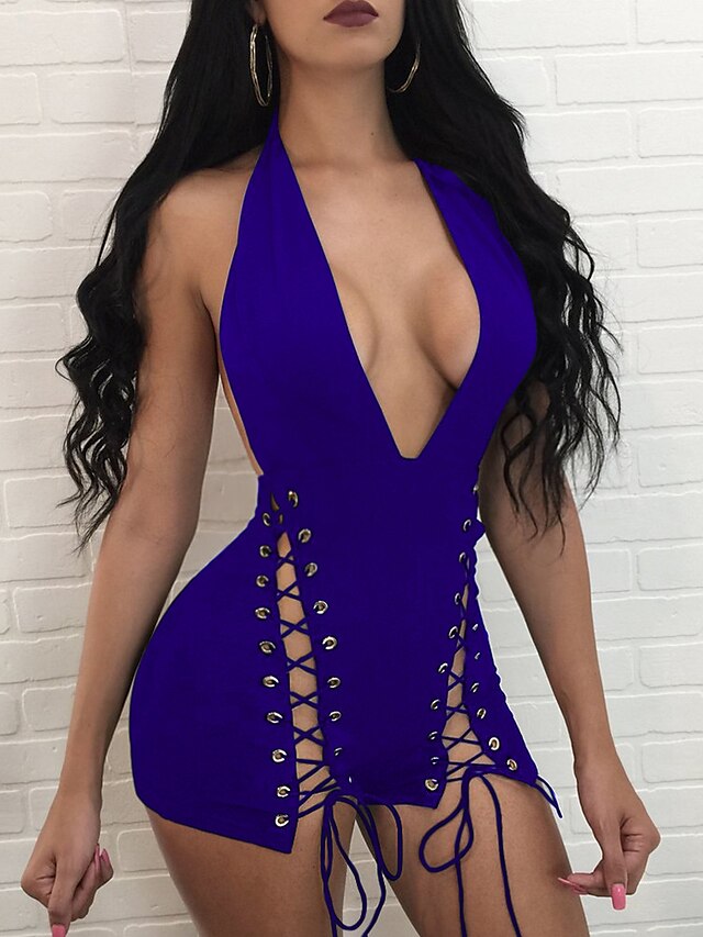  Women's Daily / Going out / Club Street chic Romper - Solid Colored, Backless High Rise Deep V / Spring / Summer / Lace up / Sexy