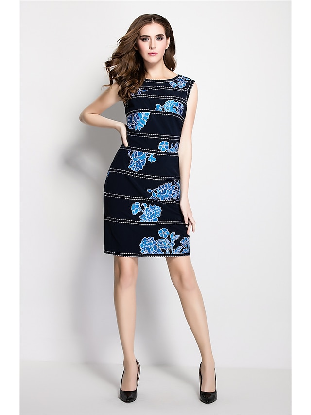  Women's Party Going out Vintage Sheath Dress - Embroidered Flower Fall Blue Red L XL XXL
