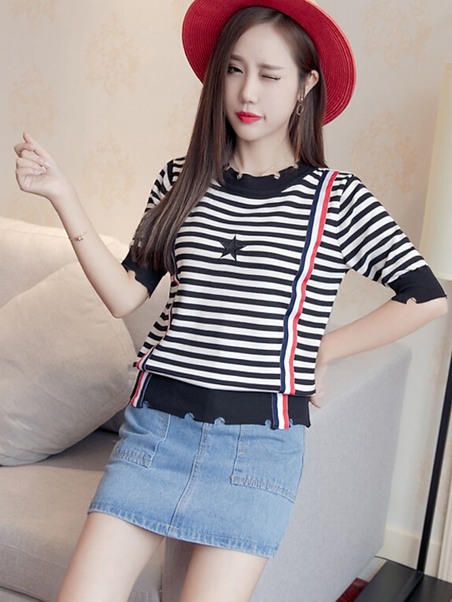  Women's Short Sleeve Wool Cardigan - Solid Colored / Summer / Fine Stripe