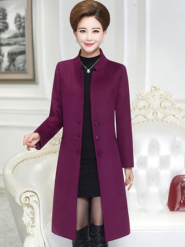  Women's Party / Daily Casual Fall / Winter Maxi Coat, Solid Colored Stand Long Sleeve Polyester Purple / Red / Navy Blue