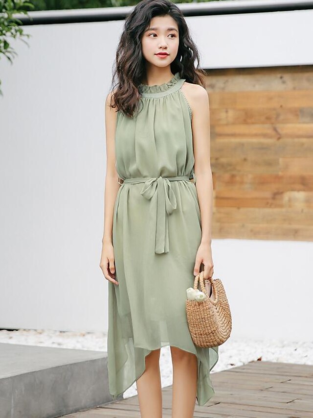  Women's Casual / Daily Asymmetrical Chiffon Dress - Solid Colored Summer Light Green
