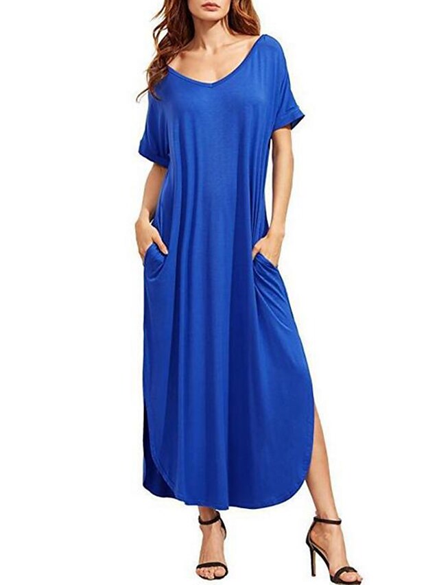  Dames Ruimvallend Maxi-jurk Zwart blauw Grijs Wijn Korte mouw Blauw Effen Zomer V-hals S M L XL XXL / Katoen