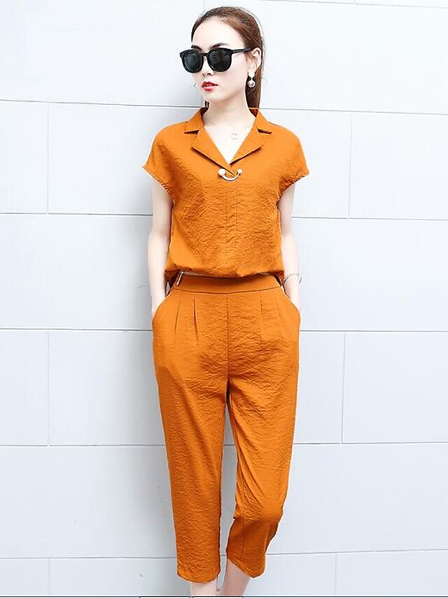  Women's Casual/Daily Casual Summer Shirt Pant Suits,Solid Shirt Collar Short Sleeve 100% Cotton