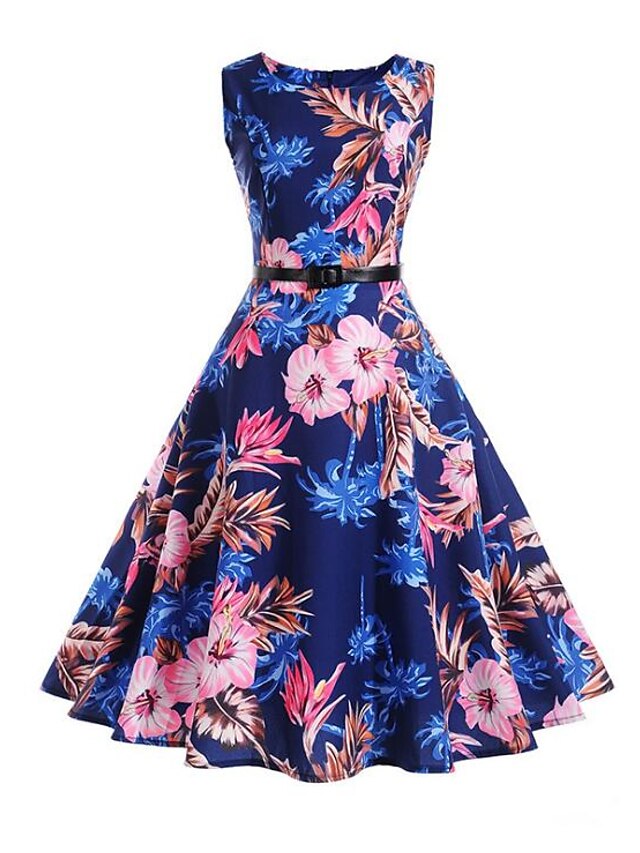  Women's Floral Going out Vintage A Line Dress - Floral Print Summer Cotton Blue L XL XXL