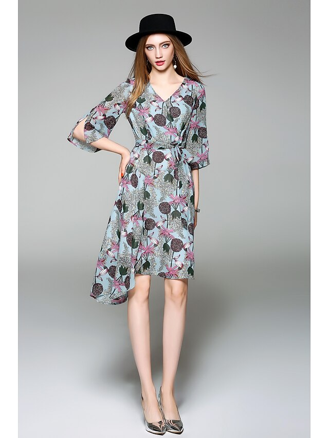  Women's Casual Flare Sleeve Chiffon Dress - Floral V Neck