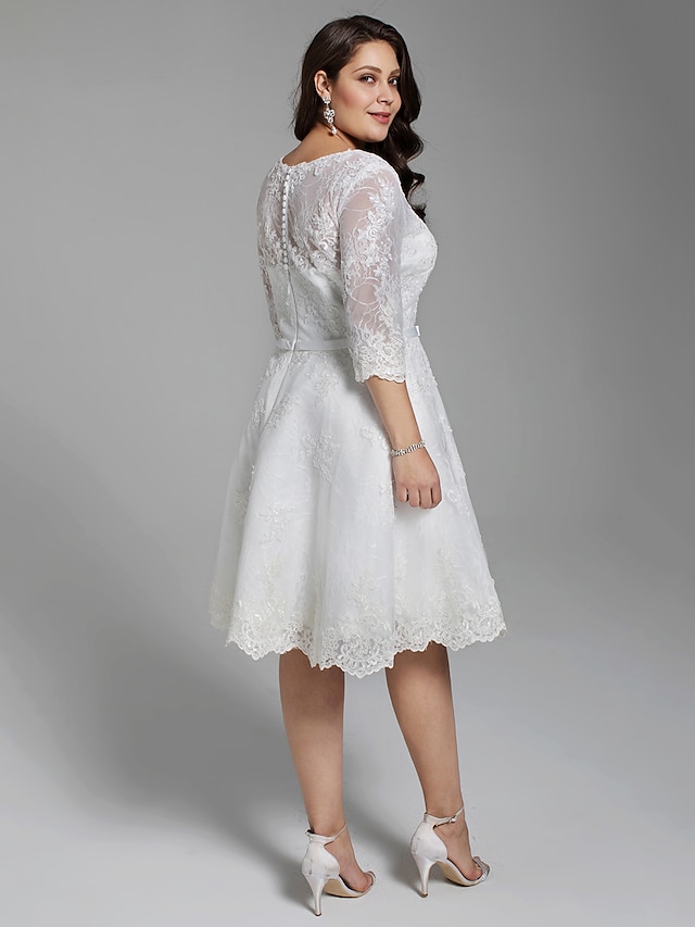 Hall Open Back Wedding Dresses Knee Length A-Line 3/4 Length Sleeve V ...