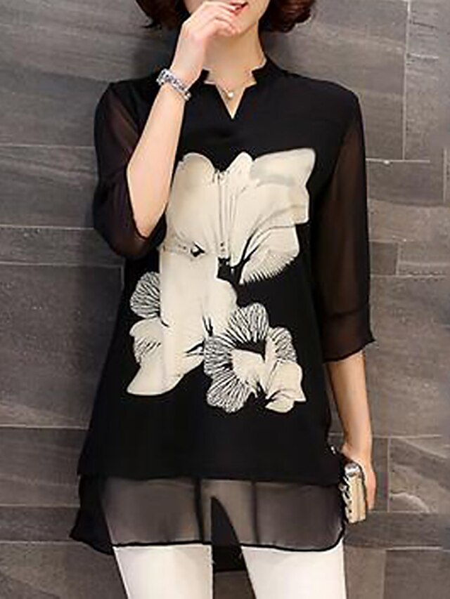  Women's Blouse Floral Plus Size V Neck Daily Weekend Print Half Sleeve Loose Tops Black